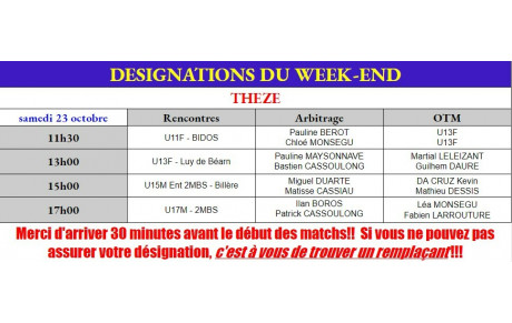 Désignations week-end du 23 Octobre 2021